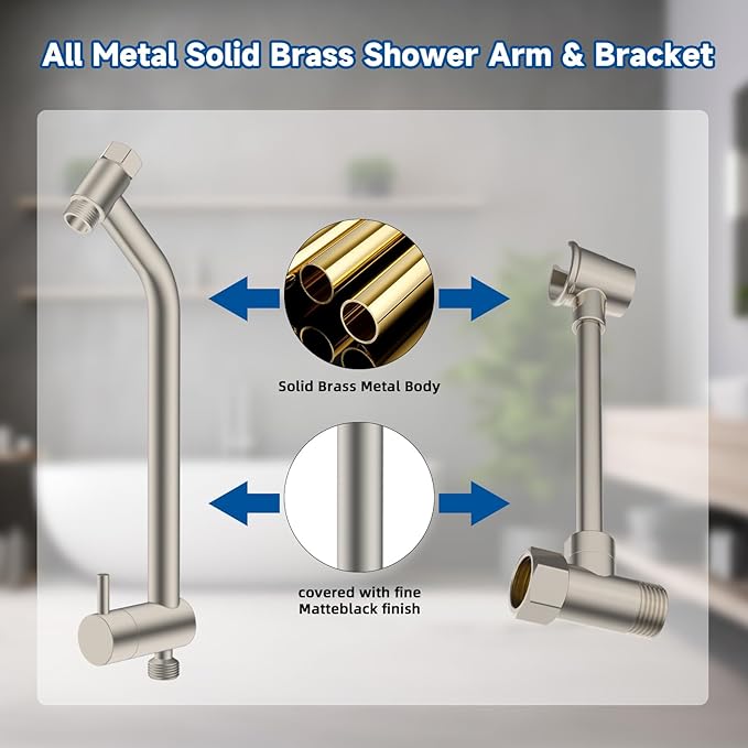 All Metal Dual Shower Head Easy Reach, High Pressure 10-Spray Handheld & Rainfall Shower Head Combo with Shower Extension Arm, 71" Hose, 3-way Diverter, Brass Shower Bracket, Brushed Nickel