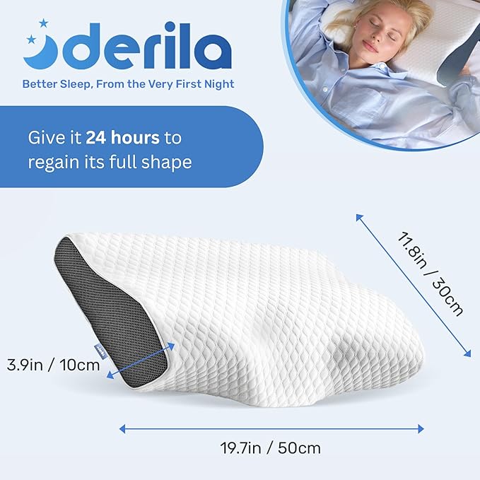 Derila Cervical Neck Pillow for Sleeping - Support Pillow for Back, Stomach, Side Sleeper Contour Memory Foam Pillows for Shoulder Relief, for Women 19.7" x 11.8" x 3.9"