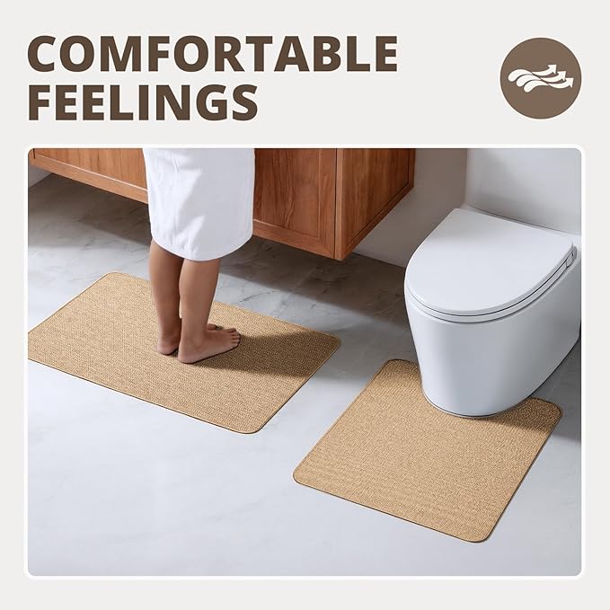 Bathroom Rugs Sets 2 Piece, Thin Bath Mat Absorbent Quick Dry, Machine Washable, Rubber Backing for Non Slip, Low Pile Cozy Cloth Bathroom Rug Set for Tub/Sink/Shower (27"x17" & 36"x24", Khaki)