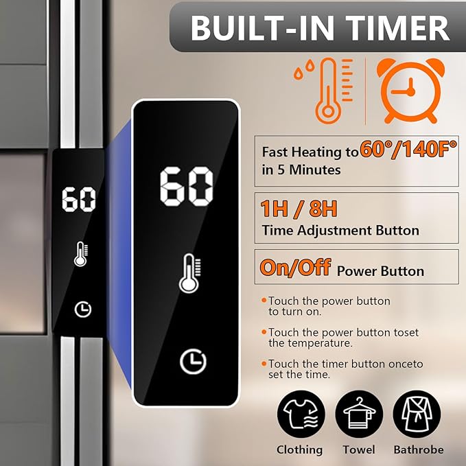 Towel Warmer Rack, Heated Towel Rack for Bathroom, Wall-Mounted Plug (Not Hardwired), Aluminum alloy/6 large area heating rods, With Timer and Temperature Adjustment, Overheat Protection Function Gray