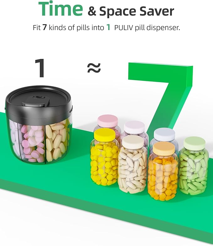 PULIV Portable Pill Dispenser Bottle, Vitamin Organizer with 7 Compartments, Holds Plenty of Supplements, Anti-Mix & Wide Openings Design, Easy to Retrieve Meds, Travel Essentials, Includes 20 Labels