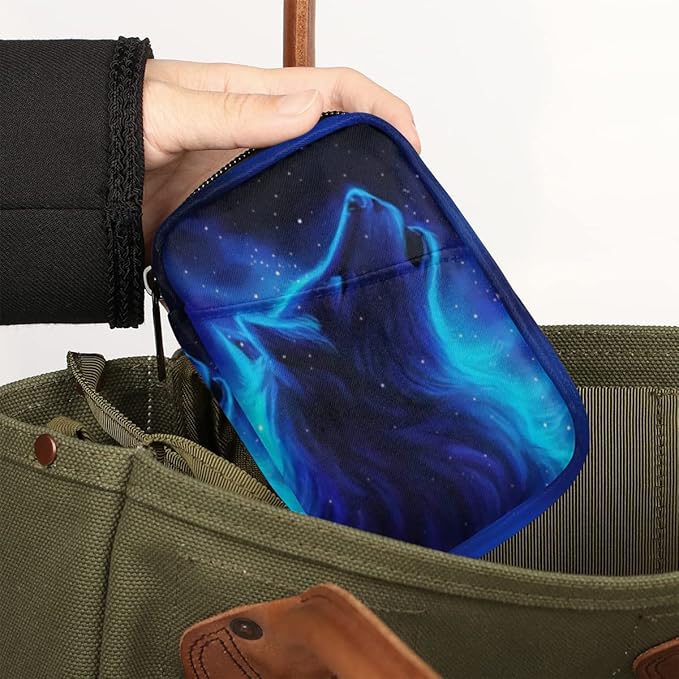 Pill Case Pill Travel Organizer 7 Day Weekly Medicine Pill Box Blue Galaxy Wolf Small Cute Compact Size Vitamin Container Pill Bottle Portable Birth Control Pill Holder Bag with Zipper