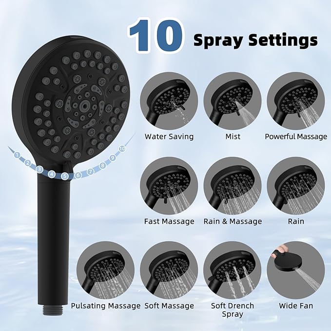 All Metal Rain Shower Head, 10” High Pressure Rainfall Shower Head with Handheld, 5" Large Handheld Showerhead Powerful Cleaning 10-Spray, 16" Shower Extension Arm Adjustable Height/Angle, Matte Black
