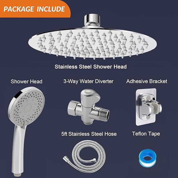 NearMoon Shower Head with Hose, High-Pressure Stainless Steel 8'' Rain Shower and 5 Settings Handheld Shower Spray Combo with Push Button Flow Control for Easy Operation (Chrome)