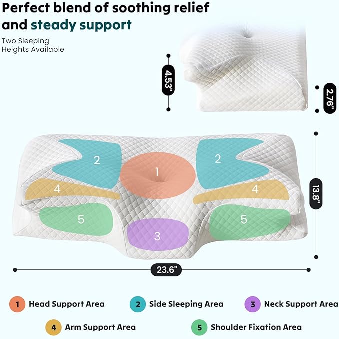 DUMOS Cervical Neck Pillow for Sleeping, Cooling Ergonomic Memory Foam Pillow with Arm Rest Slot and Ice Silk Pillowcase, Dual Height Orthopedic Support Contour for Side, Back, Stomach Sleepers