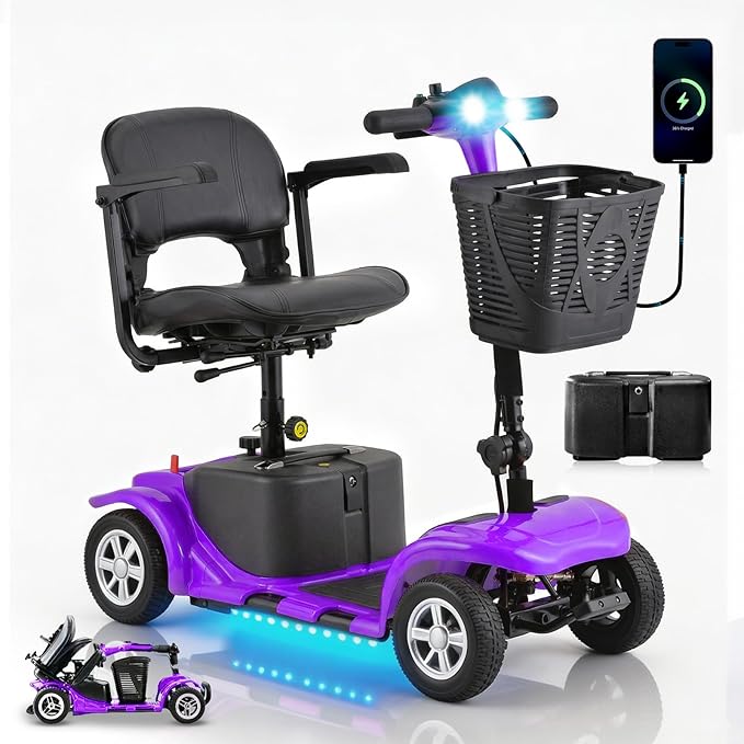 Arshin Mobility Scooter, Electric Foldable Mobility Scooter 300lbs Capacity with Detachable Battery, 15-Miles Powered Mobility Scooters for Seniors & Adults with USB Port, Charger Included (Purple)