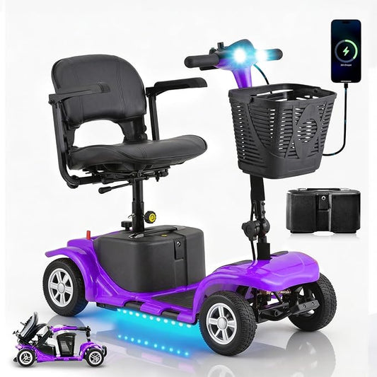 Arshin Mobility Scooter, Electric Foldable Mobility Scooter 300lbs Capacity with Detachable Battery, 15-Miles Powered Mobility Scooters for Seniors & Adults with USB Port, Charger Included (Purple)