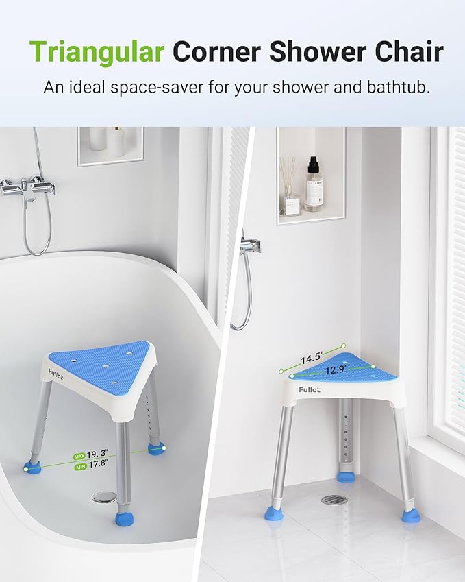 FULLOT Space-Saving Triangular Shower Chair for Elderly and Disabled, 400 lbs Adjustable Shower Stool Seat with Stable-Bracing, Non-Slip Bathtub Chair, Tool-Free Assembly, Blue With Eva Pad