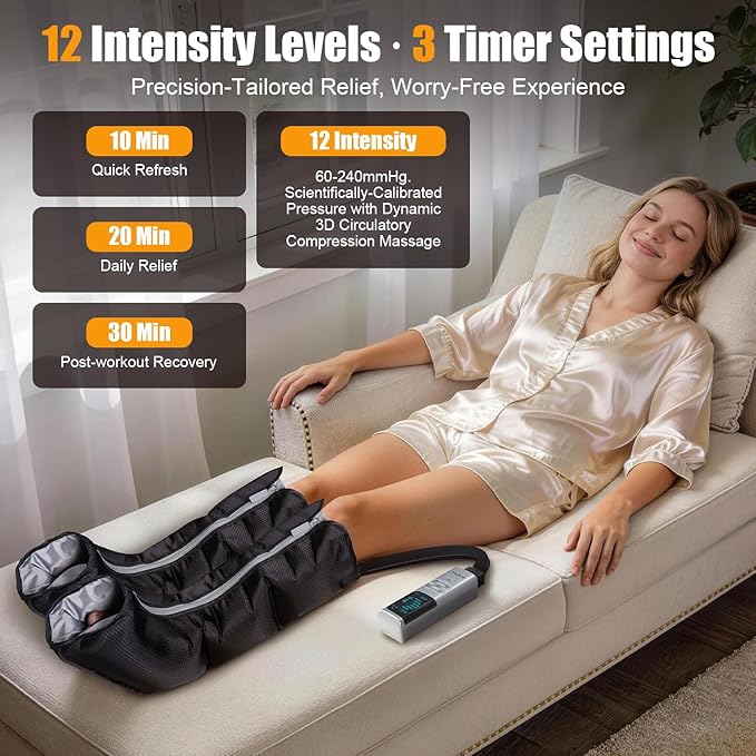 Leg Massager with Heat and Compression, Foot Massager for Circulation and Pain Relief, 3 Timers, 12 Intensity, 6 Modes,3 Heating with Knee Massager,Gifts for Man Woman,Black