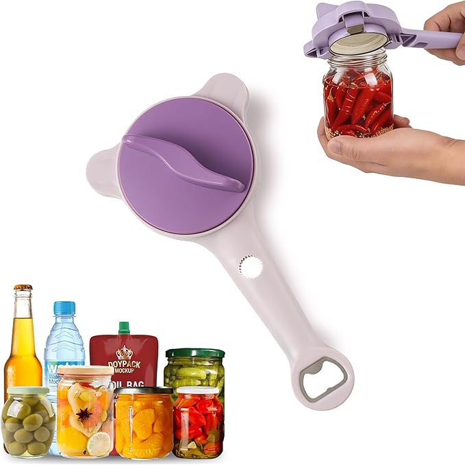 4-In-1 Jar Opener, Adjustable Stainless Steel Ergonomic Jar Opener Tool For Seniors, Bottle And Jar Openers For Arthritic Hands, Can Openers For Beer, Sauces, And Canned Goods (Purple)