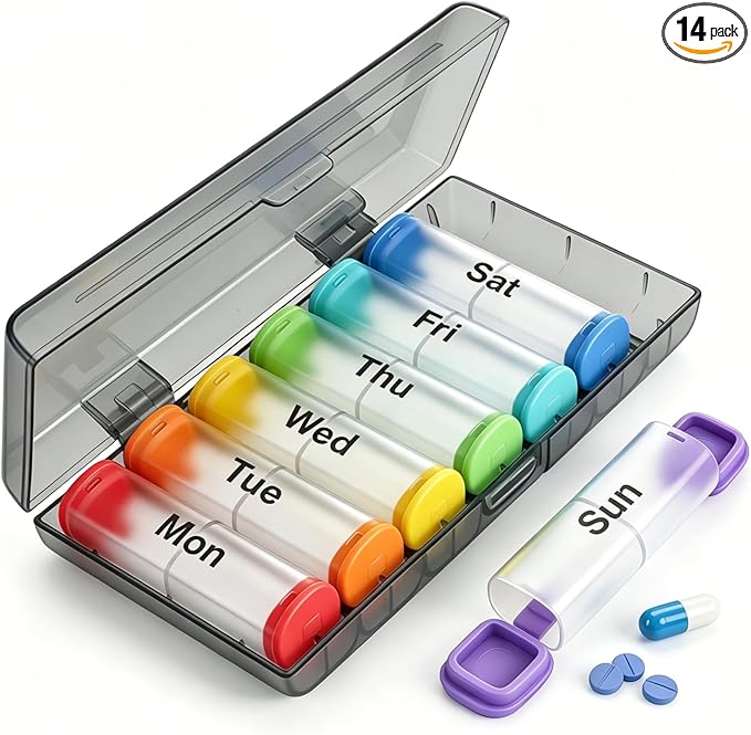 CAidRE Weekly Pill Organizer 2 Times a Day - 7 Day AM PM Pill Box, Large Travel Pill Case & Supplement Container for Daily Medication, Vitamins, Fish Oils, Portable Pill Holder Storage, Translucent