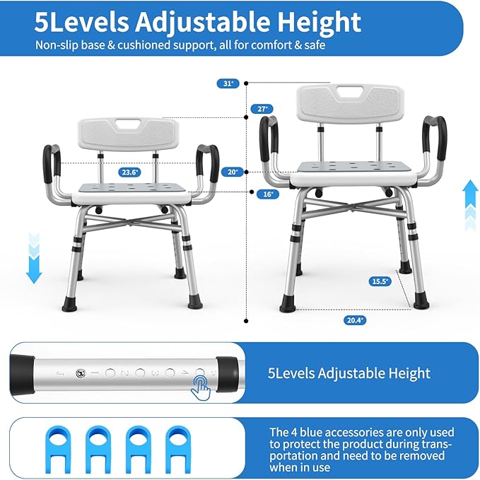 Heavy Duty Shower Chair for Inside Shower and Tub with Reinforced X-Bar, Padded Arms and Backrest, Height Adjustable, Ideal Shower Chair for Elderly and Disabled