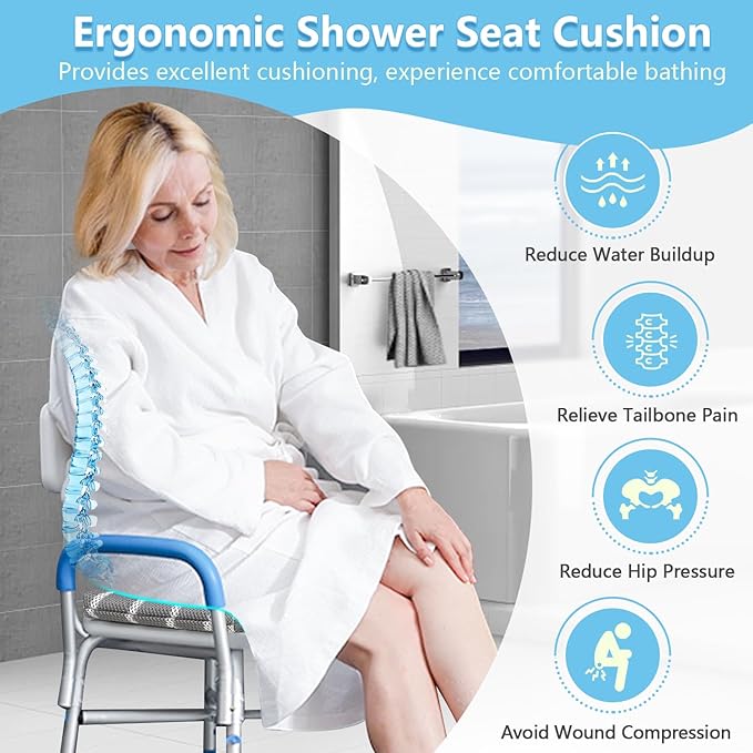 Shower Seat Cushion for Inside Shower, Shower Chair Cushion Bath Seat Mat for Seniors, Padded Shower Transfer Bench Pillow Bath Chair Pad for Elderly, Bathtub Seat Cushion, 4D Mesh Pad with Hook
