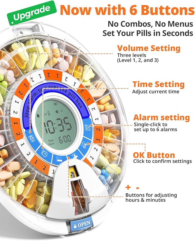 Betife 2nd Gen Automatic Pill Dispenser for Elderly with Alarm – 28 Slots, Key Locked, Alarm & Light Reminder, Mix-Proof, XL Display, 6 Dosage Rings，Easy Setup for Daily Medication （Organizer）