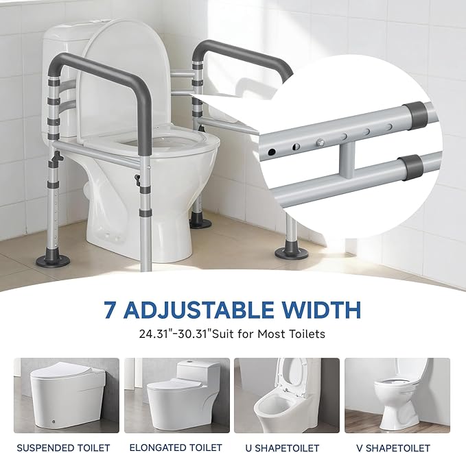 Loyoda Steel Toilet Safety Rail for Seniors- Heavy-Duty 11.7lbs for Stability & Support, Adjustable and Foldable Toilet handrail for Elderly and Disabled （Gray）