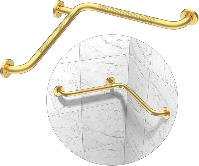 Shower Grab Bar, 16 Inch Angled Munzong Anti Slip Gold Bathroom Grab Bar, L-Shaped Knurled Balance Bar, Safety Hand Rail Support Injury Senior Assist Bath Handle Handicap Elderly