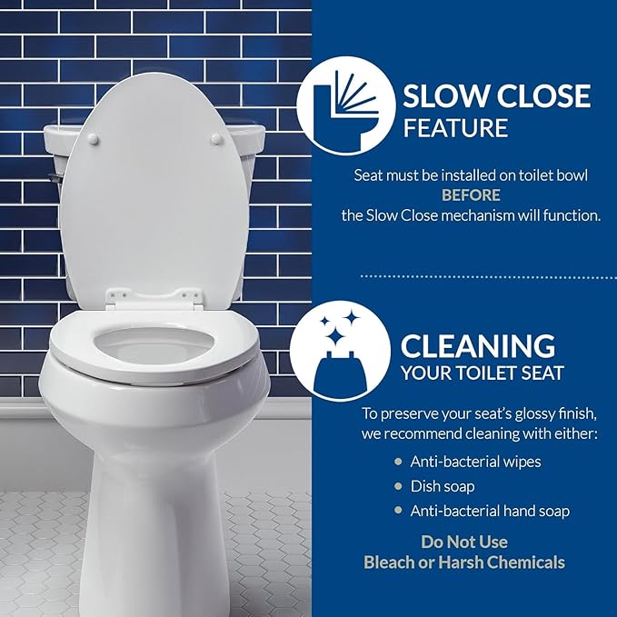 Mayfair Bennett Toilet Seat with Brushed Nickel Hinges, Slow Close Wood Seat, Secure Metal Hinges, Easy Install, Elongated, White