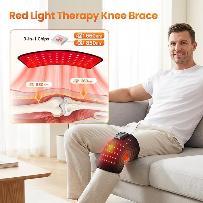 Knee Massager with Heat and Red Light Therapy, 5000mAh Heated Knee Brace for Knee Pain Relief, 660&850nm Red Light Therapy Device for Knee with 6 Heat 6 Vibration Massage, Gifts for Seniors(Single)