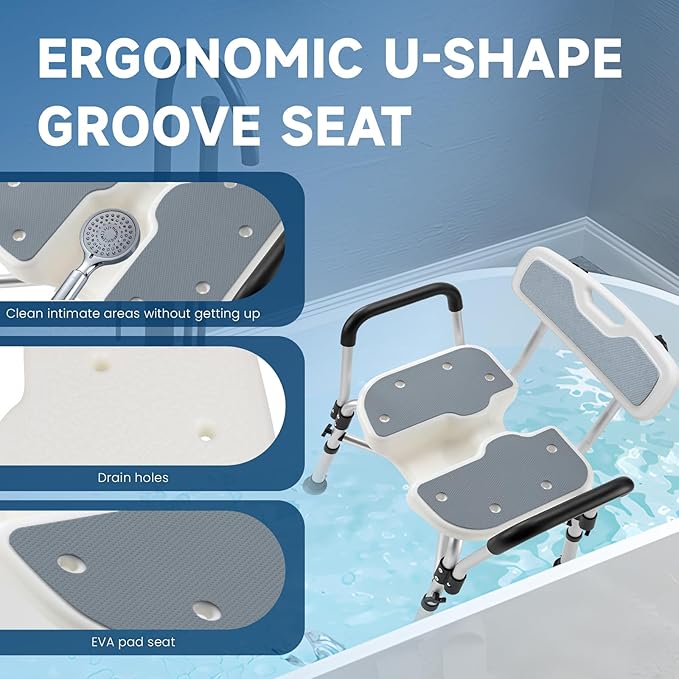U-Shaped Shower Chair for Inside Shower, 600lbs Heavy Duty Shower Chair for Elderly and Disabled, Shower Chair with Arms and Back, Height Adjustable Bath Chairs for Seniors