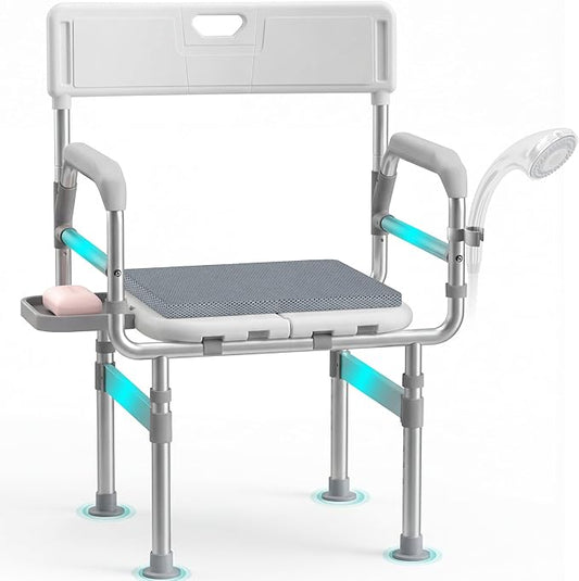 Folding Shower Chair for Inside Shower, Tub and Bathroom 440lb Weight Capacity - Height Adjustable Foldable Shower Chair for Elderly and Disabled - XXL Shower Seat with Arms, Back, Cushion & Shelf