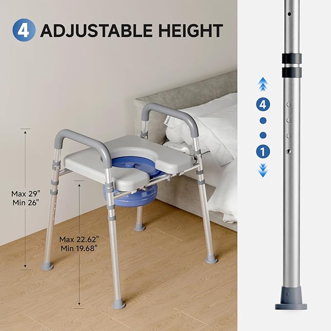 Loyoda Bedside Commode with Bucket for Seniors, Toilet Chair with Padded Handles & Seat, 400 LBS Bedside Toilet with Adjustable Height & Width for Pregnant, Disabled, Handicapped,(Gray)