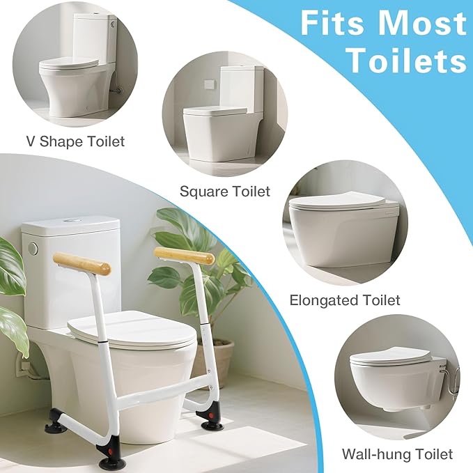 Toilet Safety Rails (350LBS), Adjustable Height Toilet Safety Frame for Elderly and Disabled, Stand Alone Toilet Safety Rails for Seniors, Handicap Toilet Rails Fits Most Toilets, Wood Color