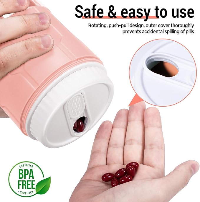 Betife Extra Large Supplement Organizer,Weekly Pill Organizer Bottle, Daily Pill Dispenser with 7 Large Compartments, Organizer to Hold 7 Day Vitamin Medication,21 Labels and a Cleaning Brush（Pink）