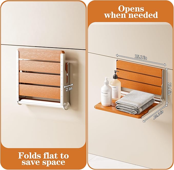 Folding Shower Seat Wall Mounted, 15" Folding Shower Bench for Elderly, Disabled, Pregnant, Foldable Shower Chair for Small Bathroom, 400 lbs Capacity, Space-Saving Design - Teak