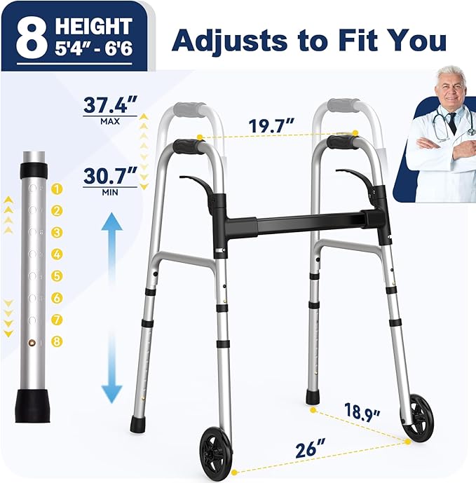 Folding Walker with 2 Precut Tennis Balls, Lightweight Walkers for Seniors with Wheels, Support Up to 350 lbs, Height Adjustable Standard Compact Walker & Ski Glides