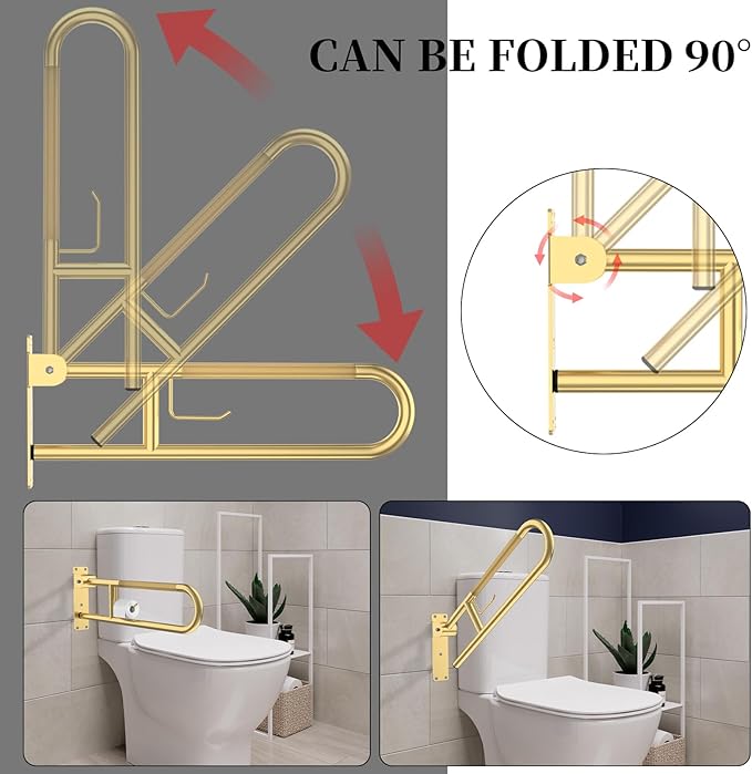 Toilet Grab Bar 30.3 Inch, YuanDe Flip Up Grab Bar with Paper Holder, Brushed Gold Anti-Slip Safety Bars for Toilet, Stainless Steel Knurled Toilet Handles for Seniors Disabled Elderly Pregnant