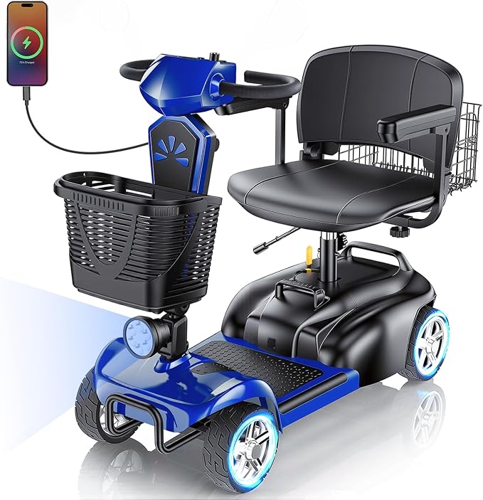 15/25/30/50Miles Eldryvon 4 Wheels Electric Mobility Scooter for Seniors, Dual Basket, 350W Powered Wheelchair with Rotating Seat, Foldable Motorized Scooter for Adults (Blue, 25Miles)