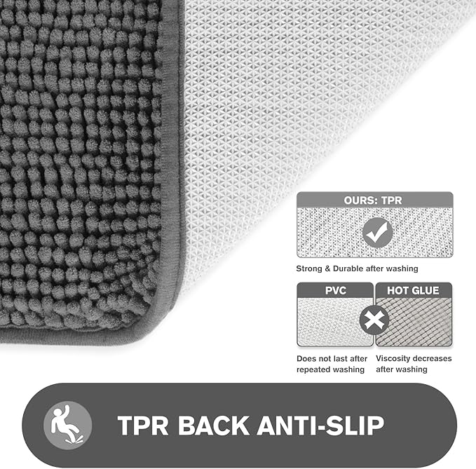 Gray Bathroom Rugs – Absorbent and Washable Bath Mat, Non-Slip, Thick Soft Chenille Bath Rugs for Bathroom Floor, Shower, Sink - 26" x 44"