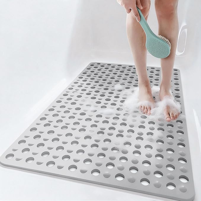 Tiamo Non Slip Large Shower Mats for Inside Shower 20.87" x 33.86",TPE Bath Mat for Outside Shower,Extra Large Bathtub Mat with Suction Cups and Big Drain Holes,Grey