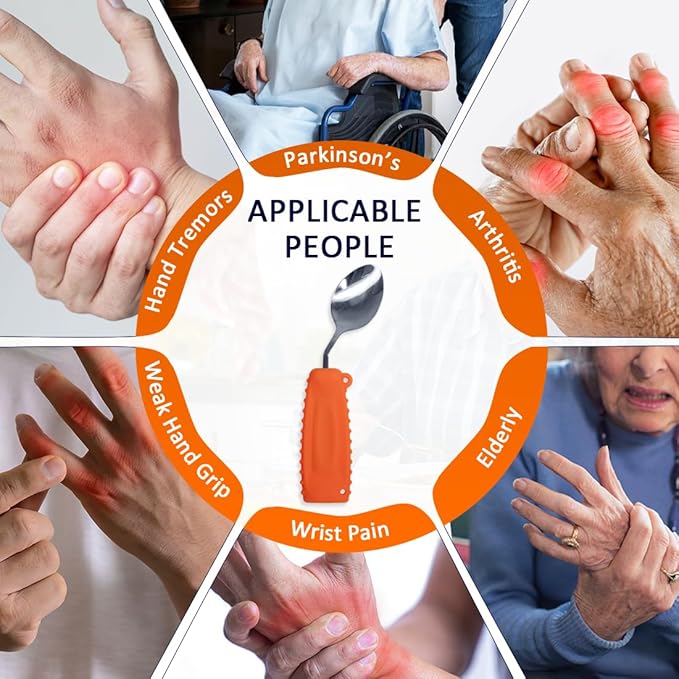 Adaptive Weighted Silverware Utensils Angled Spoon for Hand Tremors Parkinsons,Weighted Utensils with Non-Slip Easy Grip Handles for Independent Eating(Left Hand,Orange,Pack of 1)