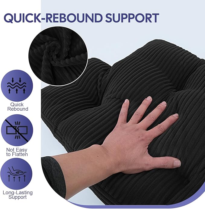 Lumbar Support Pillow for Recliner, Large Back Support Pillow for Office Chair, Tufted Corduroy Back Cushion for Elderly, Lower Back Pain Relief, Ideal for Sofa & Couch, Black