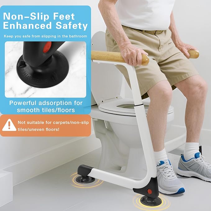 Toilet Safety Rails (350LBS), Adjustable Height Toilet Safety Frame for Elderly and Disabled, Stand Alone Toilet Safety Rails for Seniors, Handicap Toilet Rails Fits Most Toilets, Wood Color