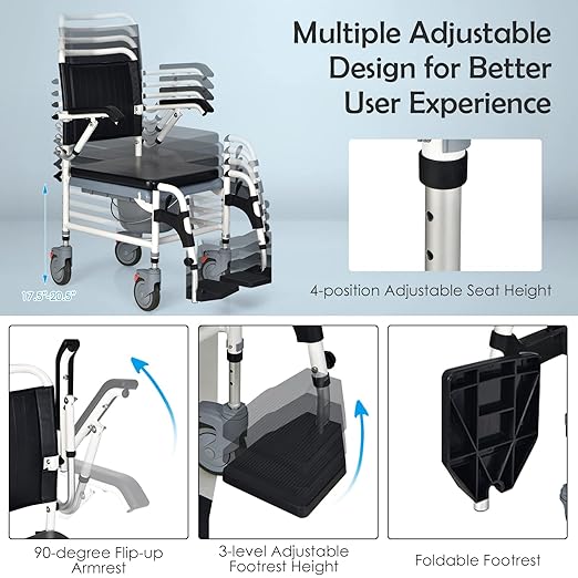 GYMAX 4-in-1 Bedside Commode, Shower Chair with Lockable Wheels, Height Adjustable Rolling Toilet Chair with Detachable Bucket, Portable Handicap Transport Wheelchair for Adult, Disabled, Elderly