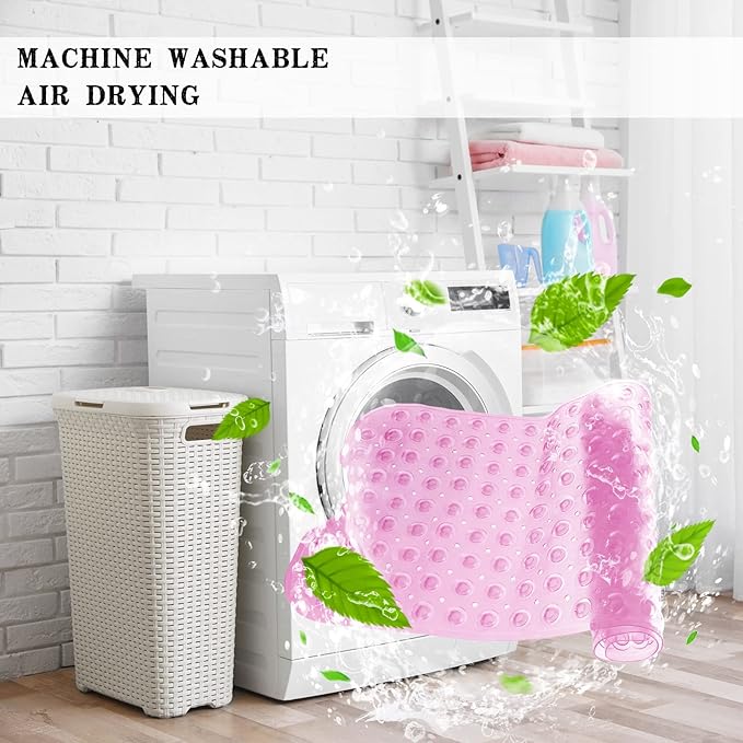 Linoows Bathtub and Shower Mats, Extra Long Non-Slip Bath Tub Mat 39 x 16 Inch, Machine Washable Bathmat with Suction Cups & Drain Holes for Bathroom Floor, Clear Pink
