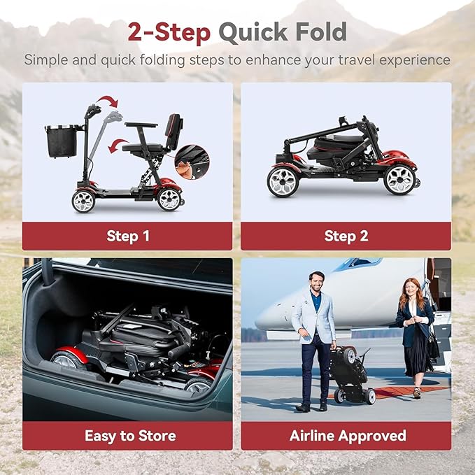 Wheelwavi Lightweight Mobility Scooter for Seniors, 20-25 Miles Portable Mobility Scooter for Travel, Removable Lithium Battery, Scooter for Adults with 330 lbs Capacity LED Headlights-RED