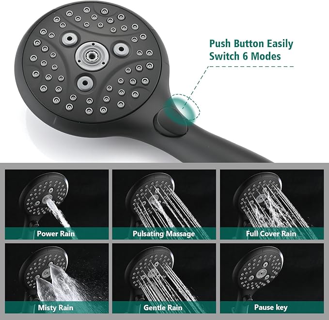 Handheld Shower Head with Slide Bar Combo, 6 Settings Handheld Shower with ON/OFF Pause Switch, Adjustable Height 27.5" Long Slide Bar, Wall Supply Elbow and 6.6ft Shower Hose, Matte Black
