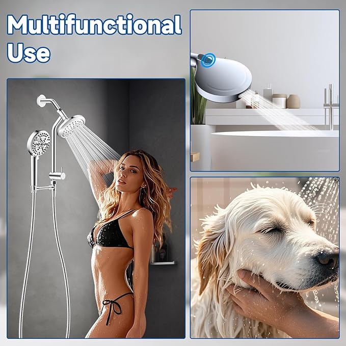 All Metal Dual Shower Head Easy Reach, High Pressure 10-Spray Handheld Shower & 6" Square Rainfall Shower Head Combo, Shower Extension Arm, 71" Hose, 3-way Diverter, Brass Shower Bracket, Chrome