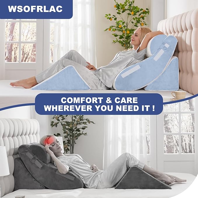 WSOFRLAC 4PCS Wedge Pillow Set for Sleeping – Orthopedic Bed Pillow for Post Surgery, Adjustable Memory Foam Support for Sitting Up in Bed, Back Pain, GERD, Snoring Relief, White Blue