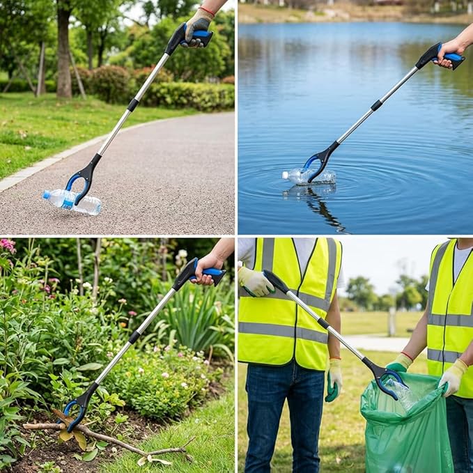 4 Pack Reacher Grabber Set: 32" Foldable Pick Up Tool with Magnet (Blue/Yellow), 16" Stainless Steel & 12" Mini Iron Grabber, 360° Rotating Head Trash Picker for Seniors & Garden