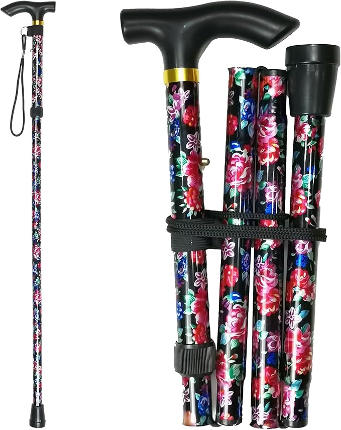 Folding Cane, 5-Level Adjustable Height Lightweight Portable Foldable Walking Canes with Wrist Strap and T Handle for Men Women Seniors
