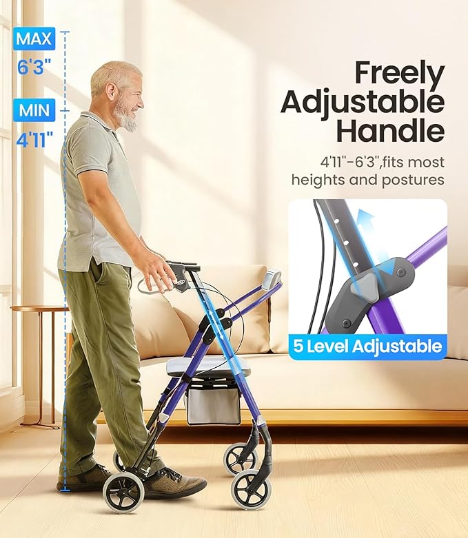 VOCIC Walkers for Seniors, Z12 Rollator Walker with Seat, Ergo Seat & Backrest, Foldable Rollator Adjustable Height, All Terrain Walker, Ultra Light