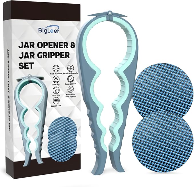 Jar Opener for Weak Hands with Firm Jar Gripper Pads and 2 Non Slip Grip Mats, Multifunction Kitchen Tool Set for Seniors, Easy Lid and Cap Removal (Blue)