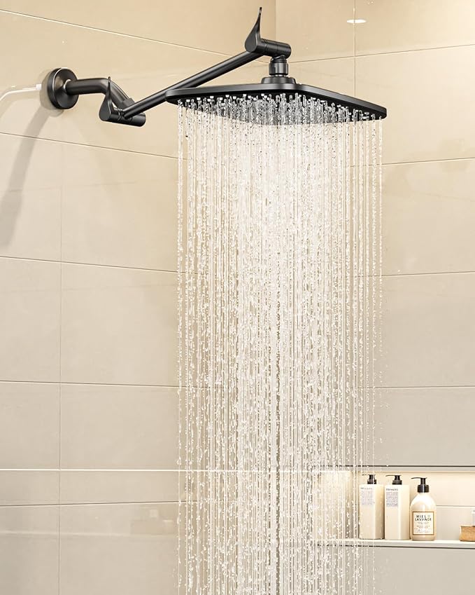Veken 11.8" Black Rain Shower Head, Rectangular Rainfall Showerheads with 11" Stainless Steel Exension Arm, Height & Angle Decor Adjustable, High Pressure Shower Heads, Bathroom Accessories