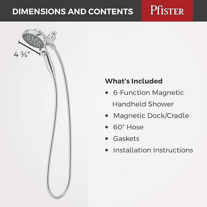 Pfister HydroFuse Handheld Shower Head, Hose Included, Magnetic Docking, 6-Function, 1.75 GPM, Polished Chrome Finish, 016WS2HFM01CC