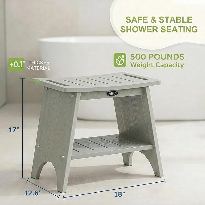 HDPS Shower Benches for Inside Shower to Sit on, Waterproof Shower Chair with Storage Shelf, Heavy Duty 500-lb Shower Seat, Shower Stool for Shaving Legs, Indoor/Outdoor Use, Grey