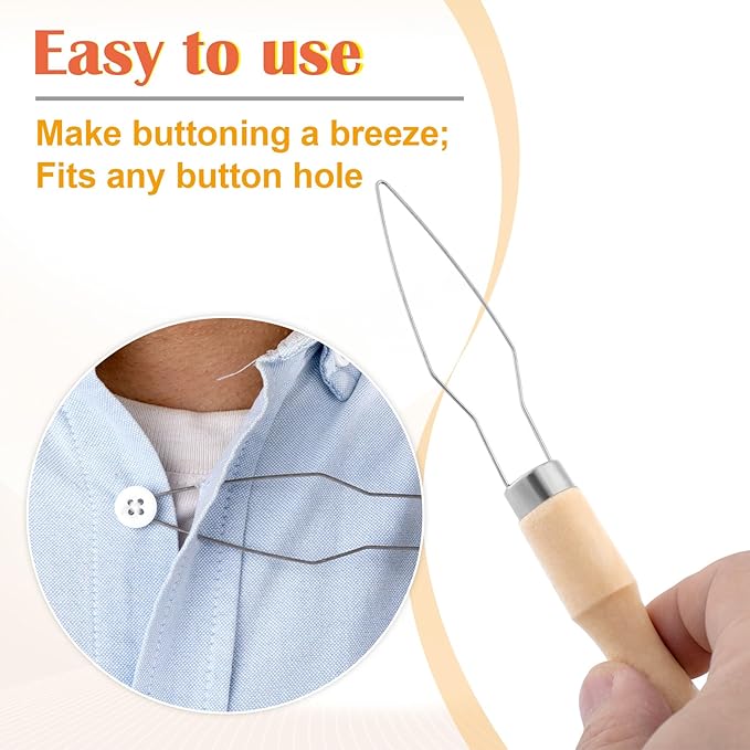 Easy Button Hook, Steel Button Helper Tool for Elderly, Wide Wood Handle Buttons Fastener Device Assist Dressing Aid Tool for Seniors One Hand - 1 Pack